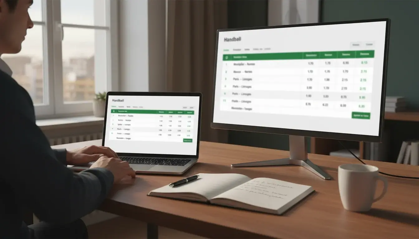 Personne analysant plusieurs écrans de sites de paris handball sur un bureau