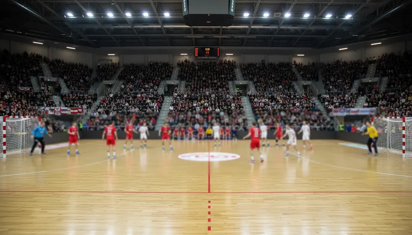 Match de handball en salle lors d'une compétition européenne avec tribunes pleines