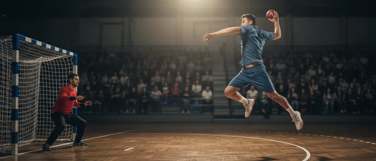 Joueur de handball effectuant un tir en suspension dans une salle illuminée