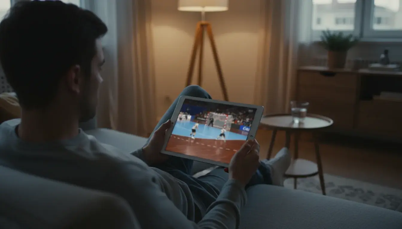 Supporter regardant un match de handball en direct sur tablette dans un salon