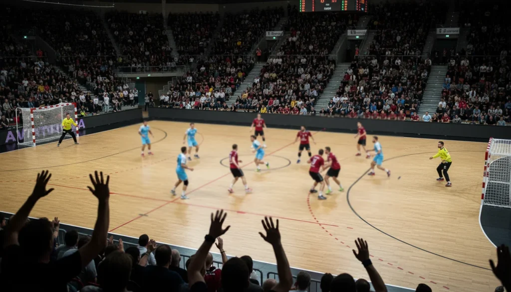 Supporters regardant un match de handball en direct dans une salle sportive