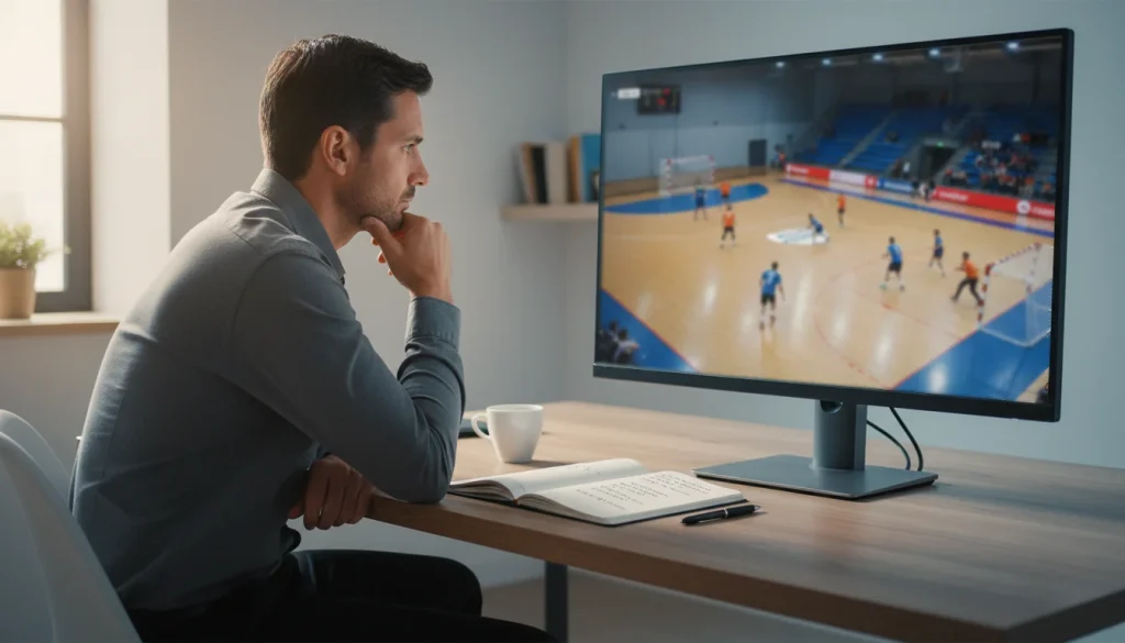 Analyste sportif étudiant des statistiques de handball sur un écran