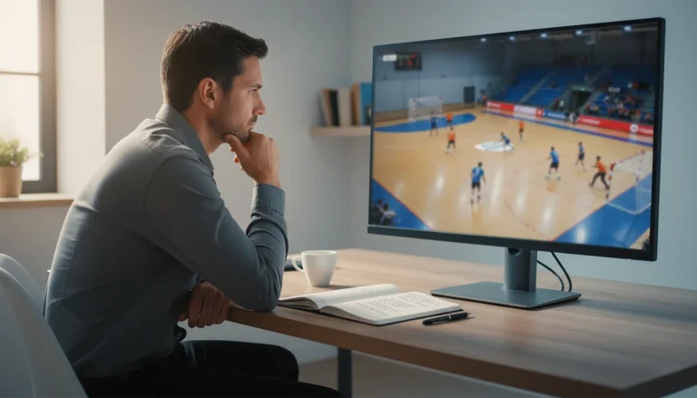Analyste sportif étudiant des statistiques de handball sur un écran