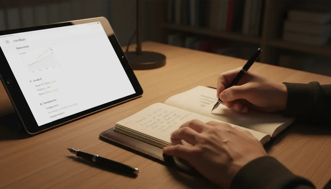 Personne étudiant des statistiques de handball dans un carnet avec un stylo