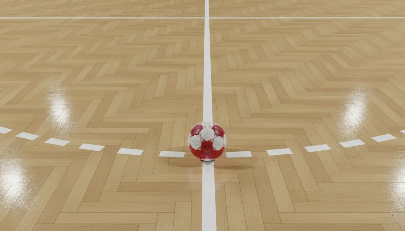 Terrain de handball vu du dessus avec lignes de jeu et résine sur le parquet
